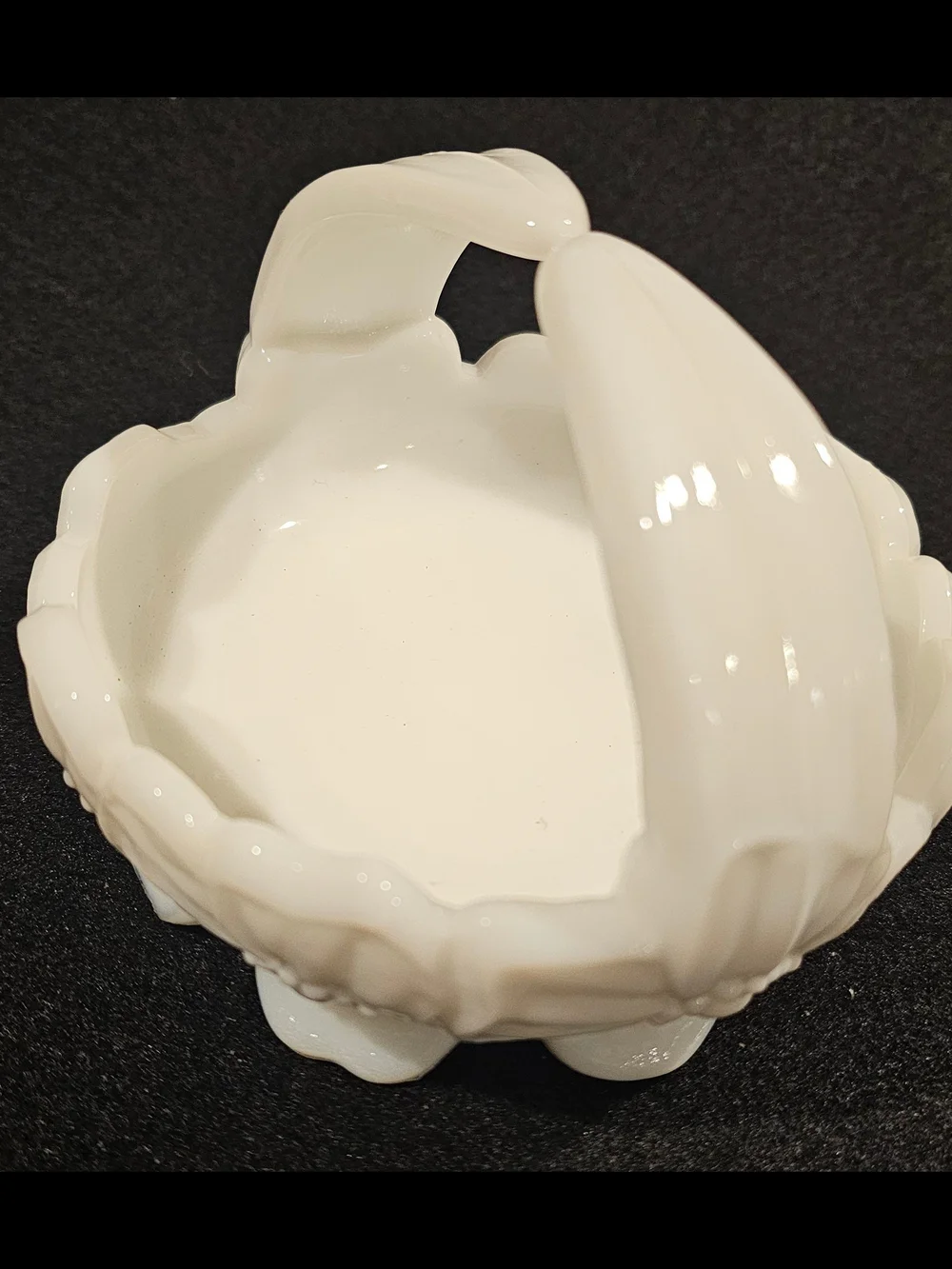 Vintage Westmoreland White Milk Glass Dogwood Flower Split Handle Basket Dish
